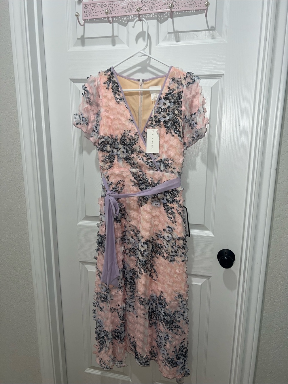 foxiedox Pink Floral Lace Midi Dress with Lilac Sash